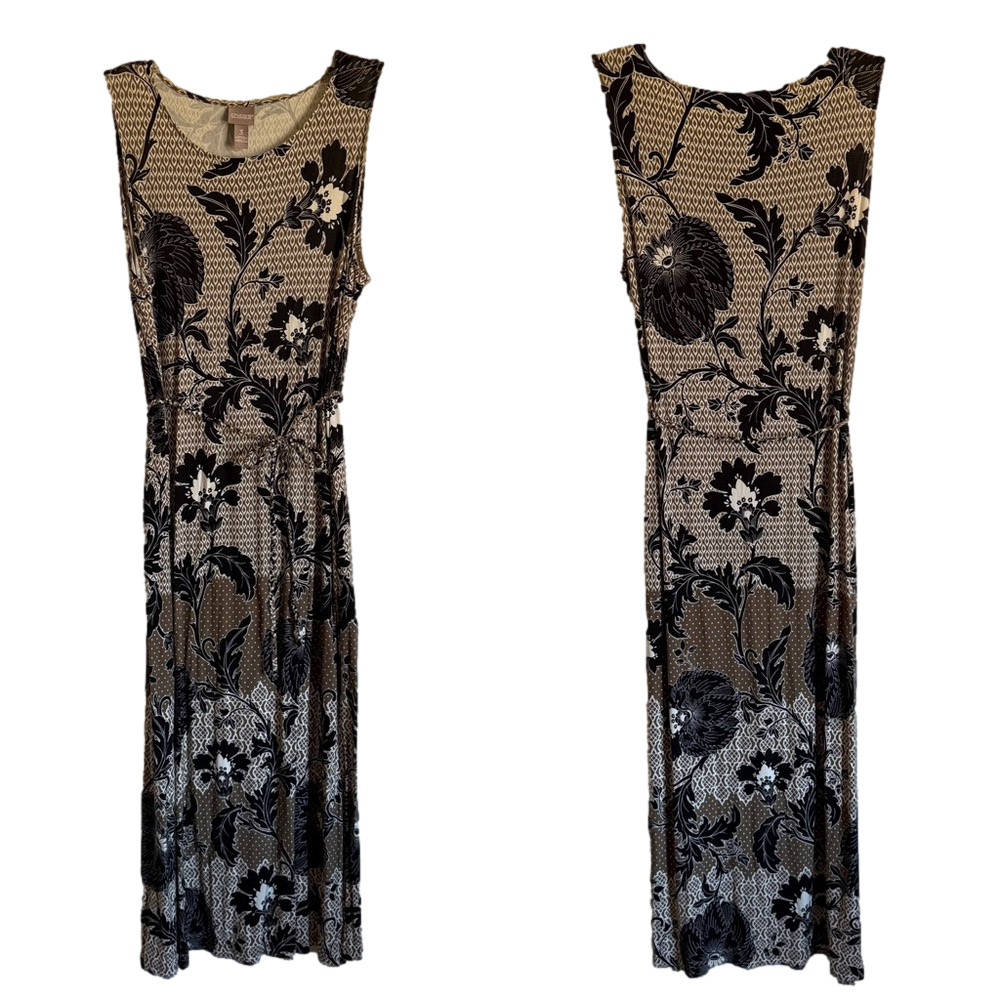 Chico's Sleeveless Maxi Dress Neutral Geometric Floral Print Tie Waist Size XL - Picture 1 of 10